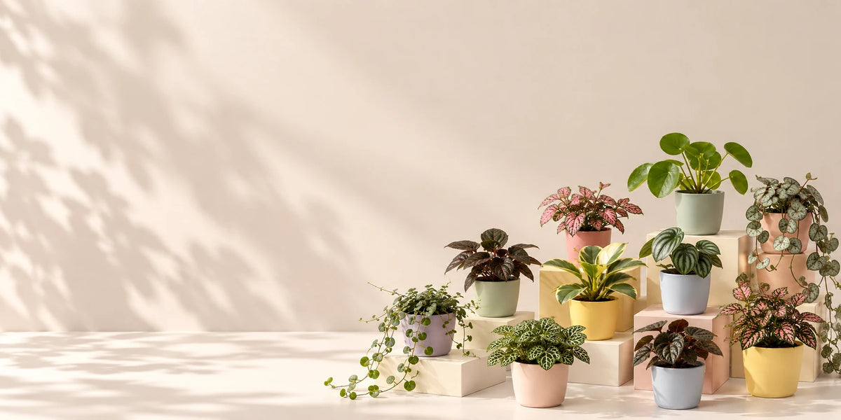 A pastel arrangement of mini houseplants in coloured 6 cm pots, arranged on cream blocks against a warm beige wall
