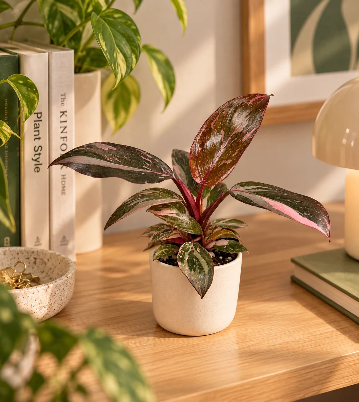 Philodendron 'Pink Princess Marble' in a 6 cm pot on a wooden desk, next to books and a lamp