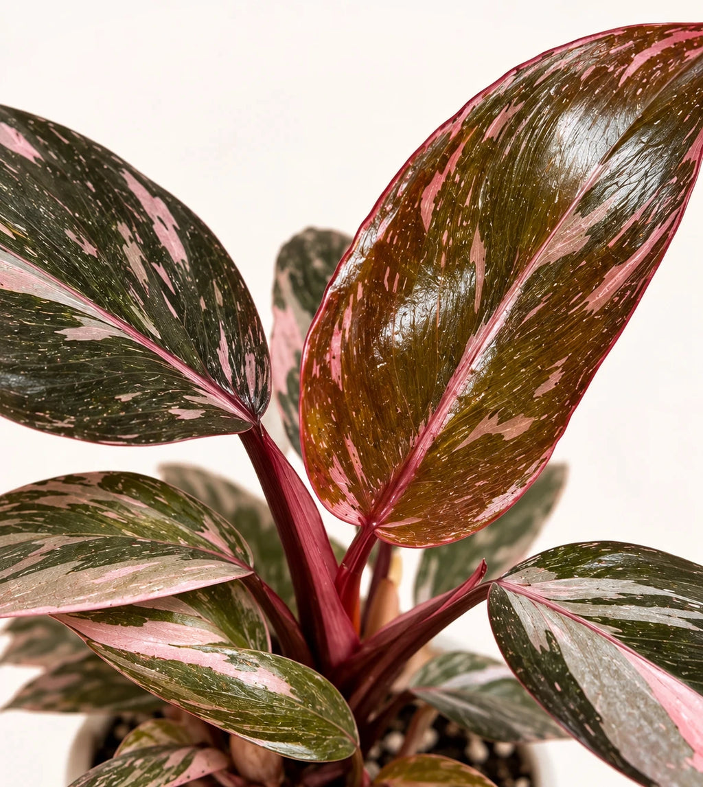 Close-up of Philodendron 'Pink Princess Marble' leaves, dark green marbled and speckled with pink, on deep red stems