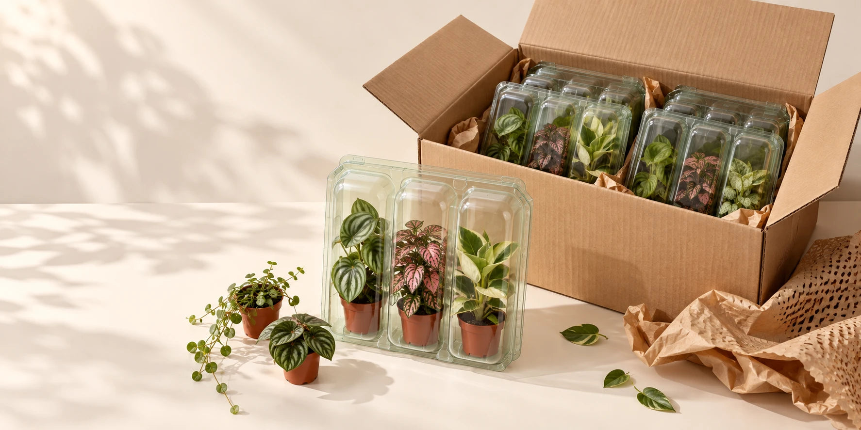 An open shipping box of mini houseplants, each in a clear protective tray, with paper padding and three plants unpacked beside it